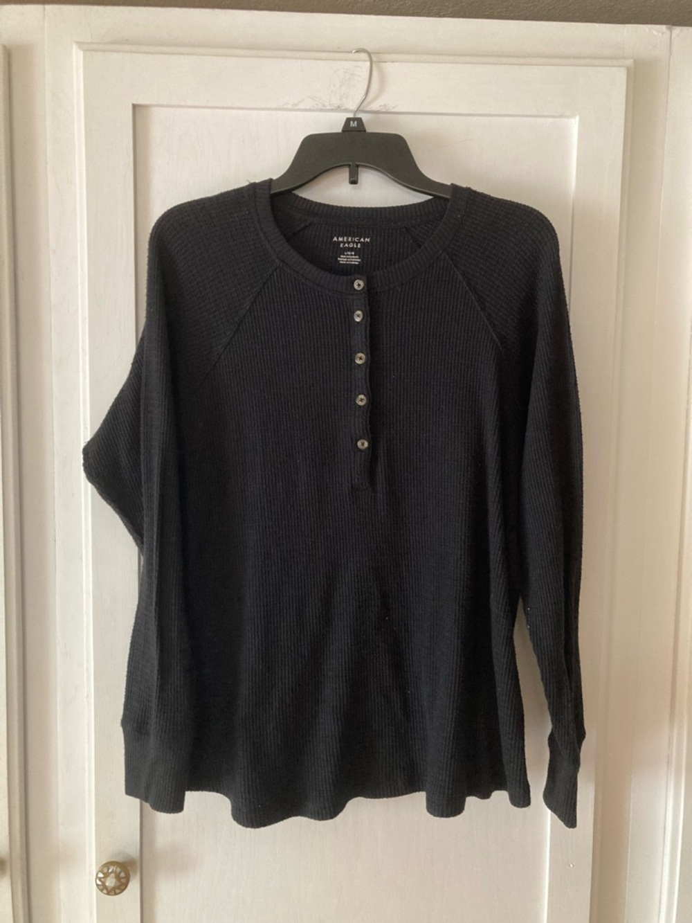 American Eagle Black Waffle Henley Shirt - Picture 1 of 3